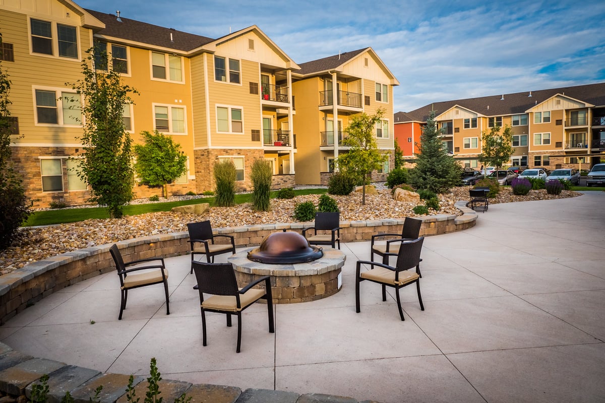 patio and plantings at apartment building complex