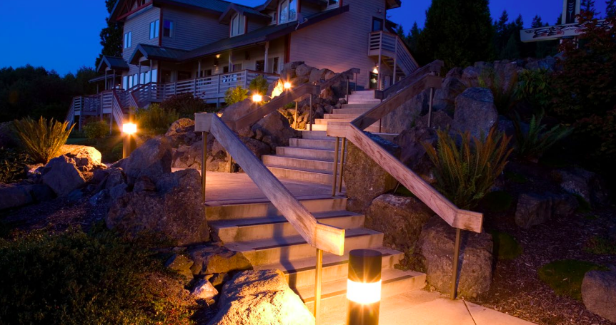 landscape lighting along backyard stairs