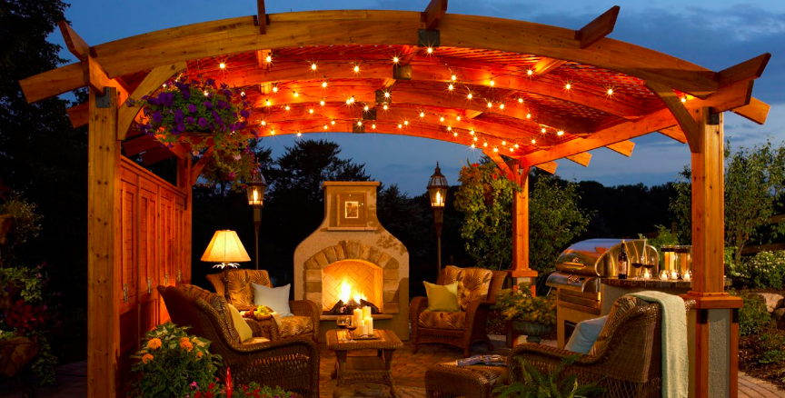 outdoor pergola with string lighting