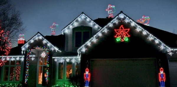 House with holiday decorations and lights in Idaho Falls