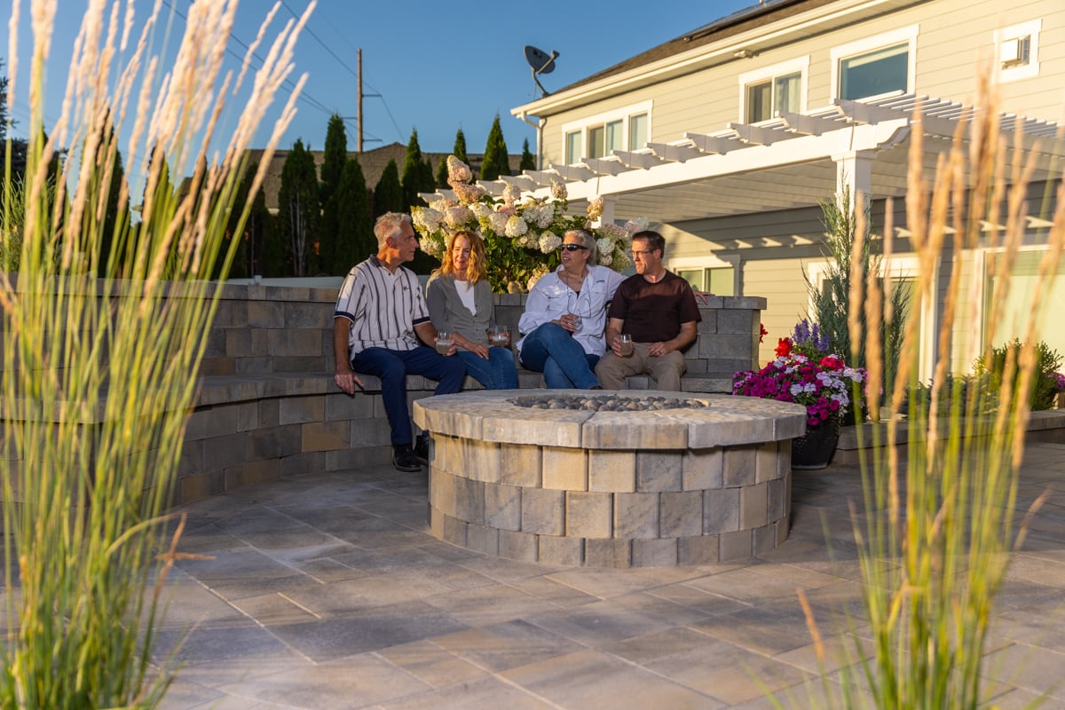 customers family patio planting grasses fire pit sitting wall hardscape pergola 5