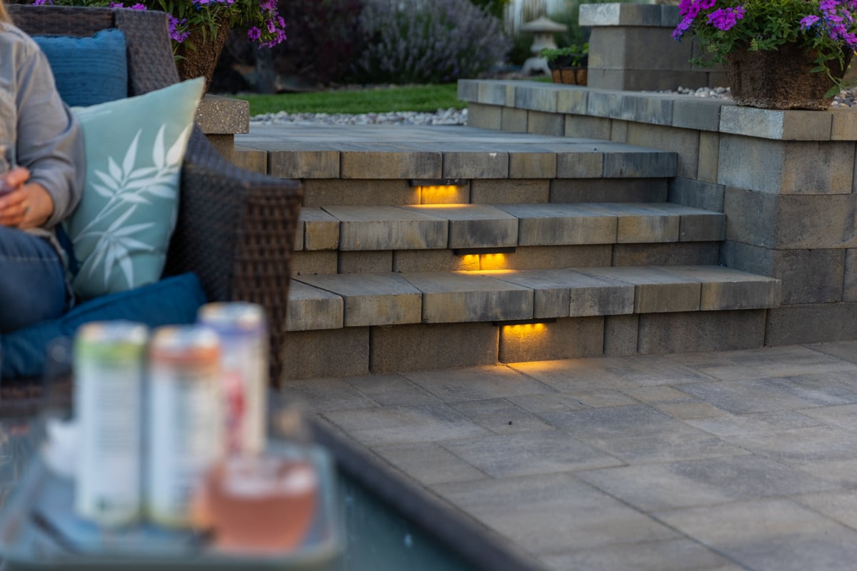 hardscape fire pit landscape lighting sitting wall paver patio furniture stone stairs