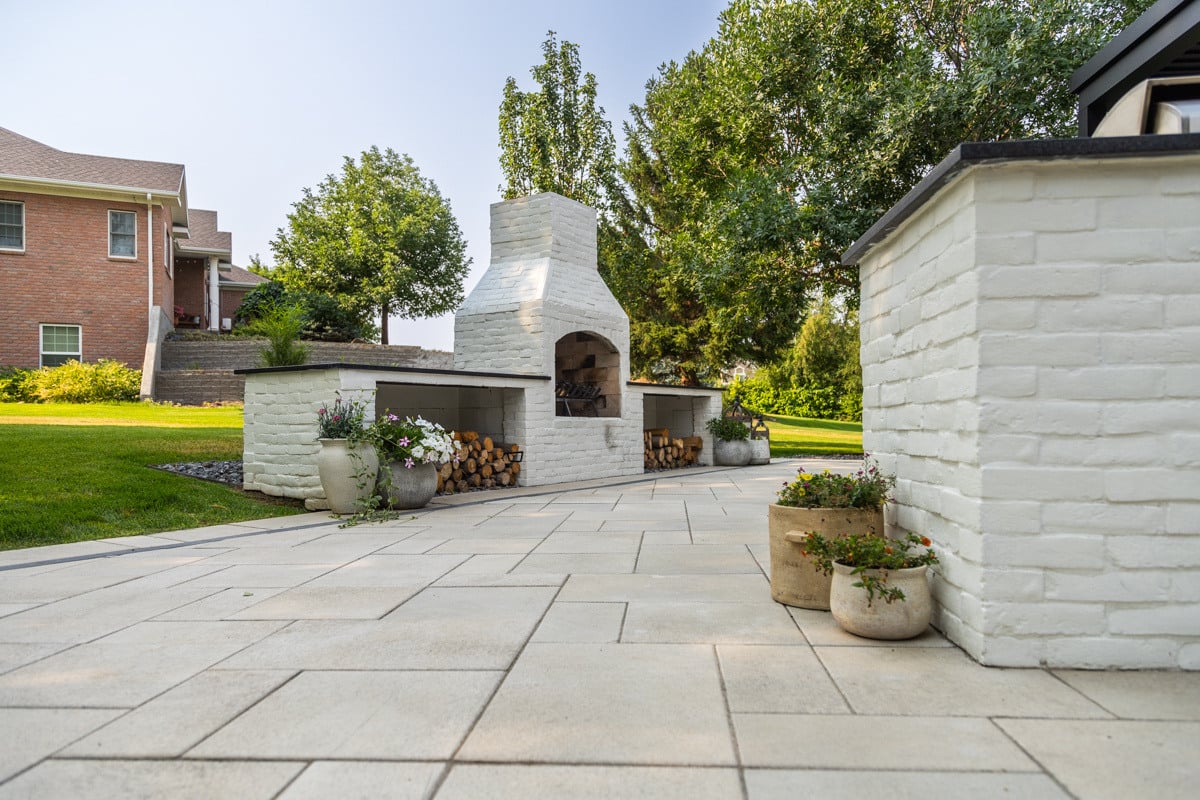 patio fireplace turf grass lawn