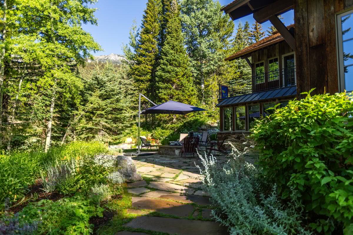 paver walkway shrubs trees flagstone patio