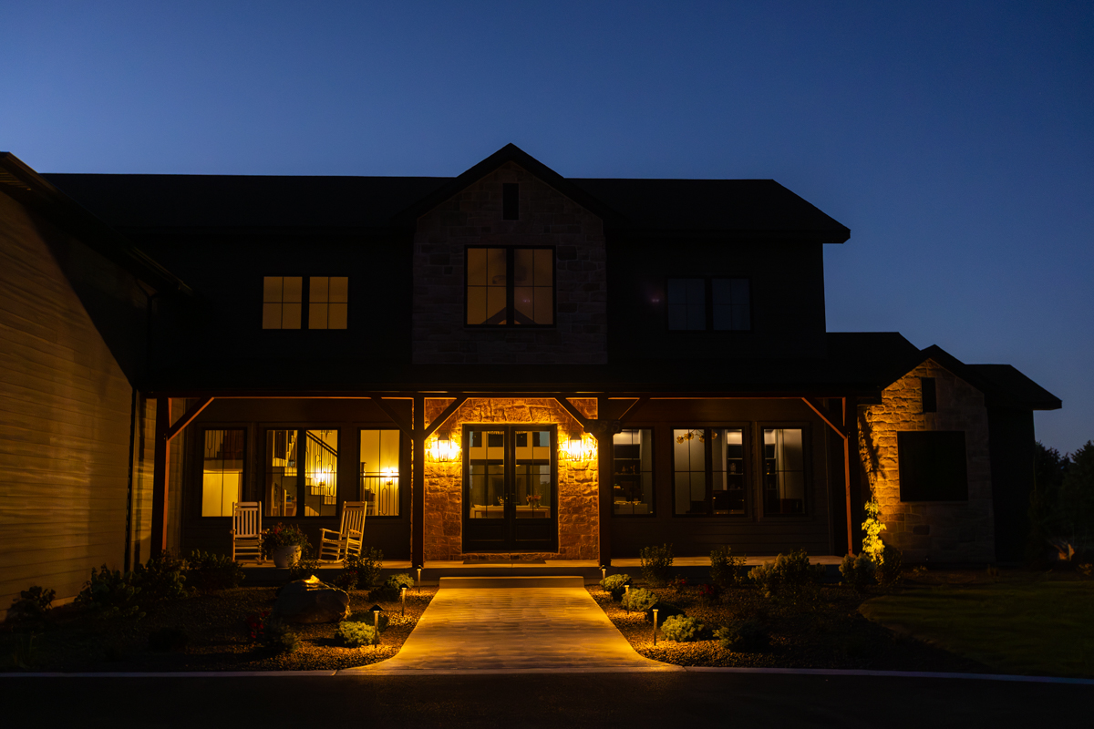 sunset walkway planting bed front porch landscape lighting 2