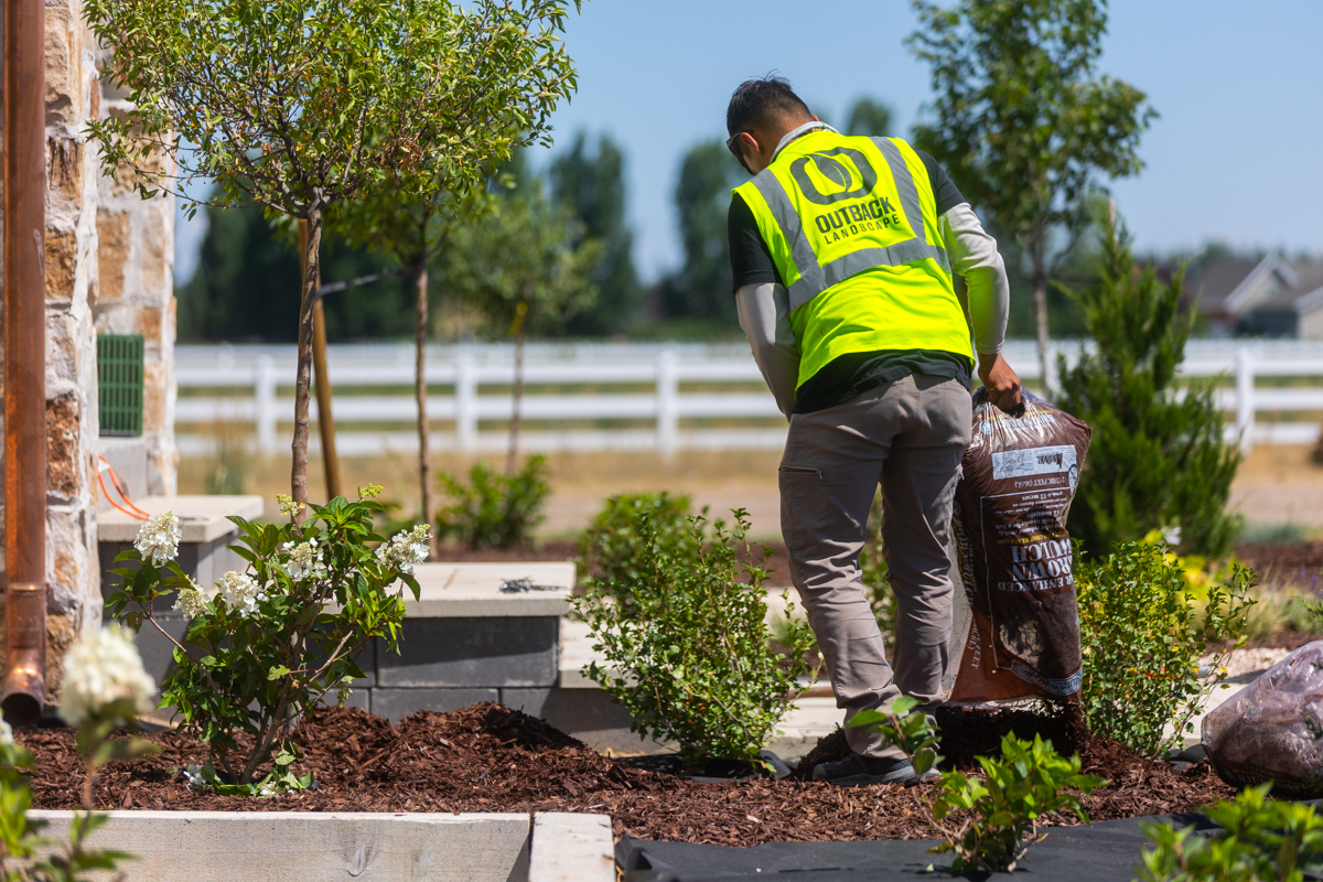 maintenance crew team mulch installation foundation planting beds 3
